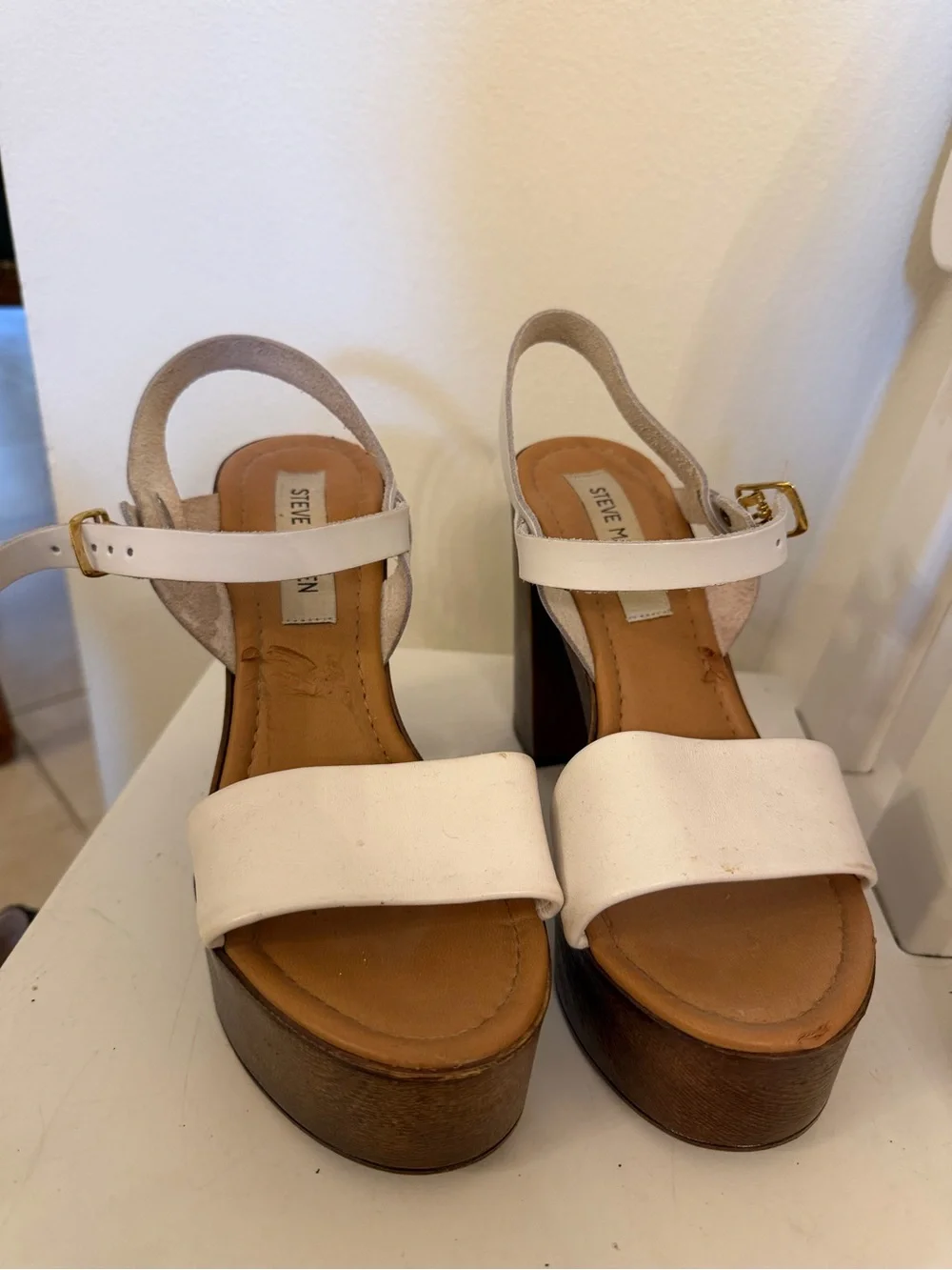 White Leather Platform Sandals with Wood-Effect Block Heel